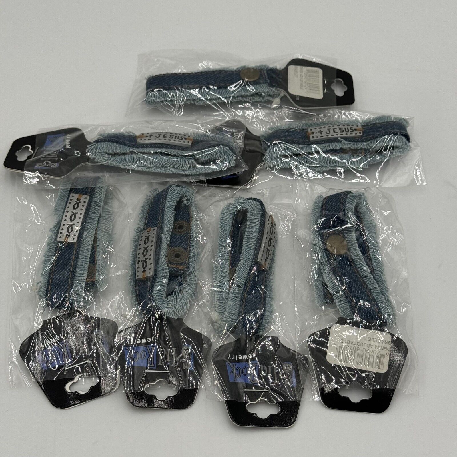 Lot of 7 Blue Denim Strap Adjustable Bracelets Snap Button Jesus Fish Christian