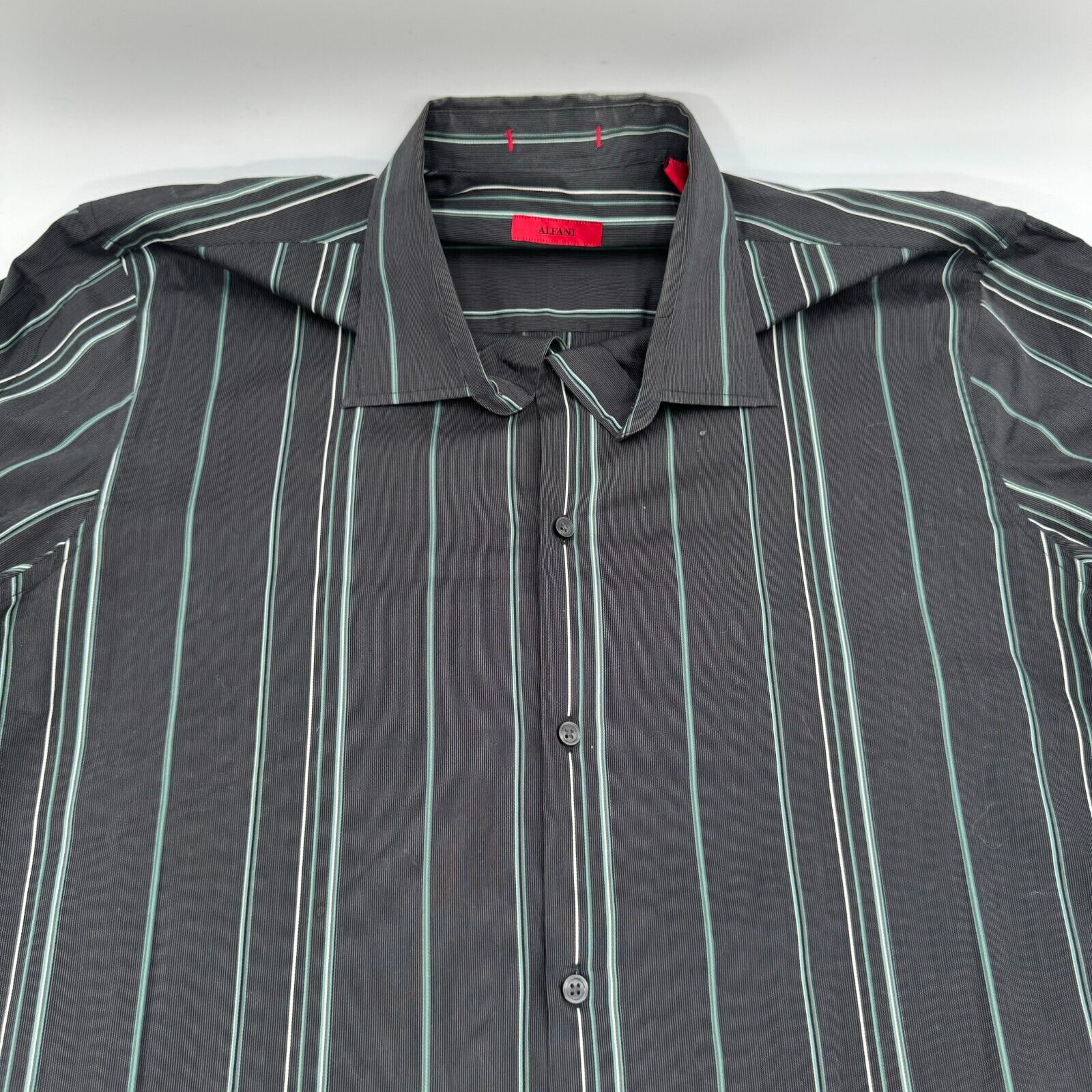 Alfani Gray Mens Classic Long Sleeve Button Up Shirt Green Stripes Size XL
