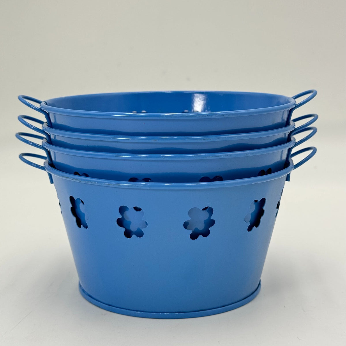 Set of 4 Matching Flower Pattern Pit Tin Blue Mini Bucket with Handles