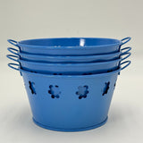 Set of 4 Matching Flower Pattern Pit Tin Blue Mini Bucket with Handles