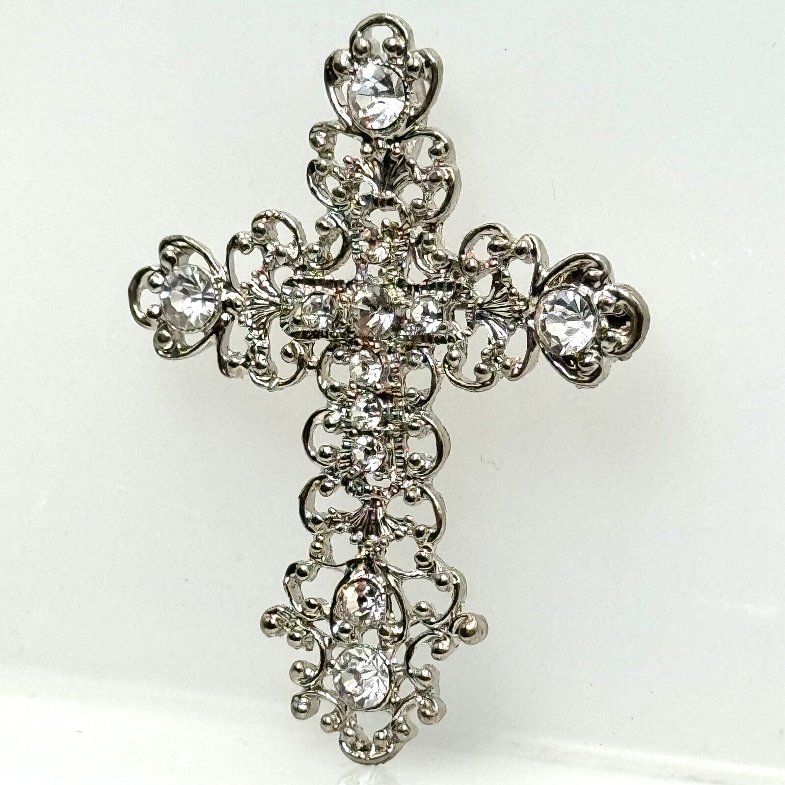 Catholic Christian Cross Crucifix  Italian Crystal Inlaid Silver Brooch Pin New