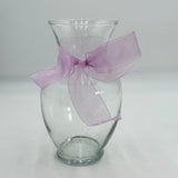 Clear Round Glass Flower Vase With Purple Tied Ribbon 9" Size Tall