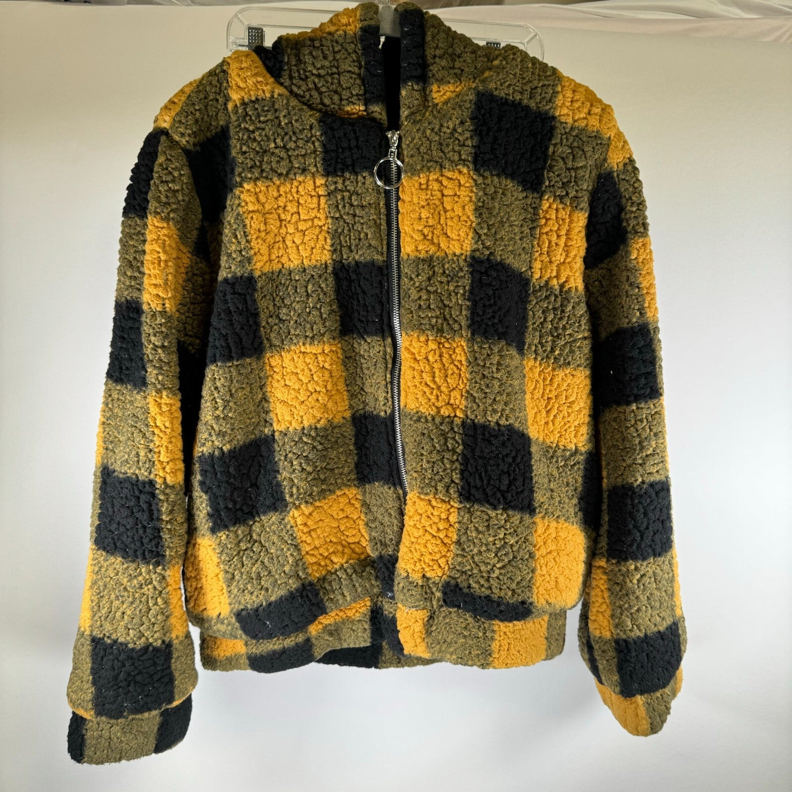 Sweet Rain Yellow Plaid Young Contemporary Sherpa Zip Up Jacket Womens Size L