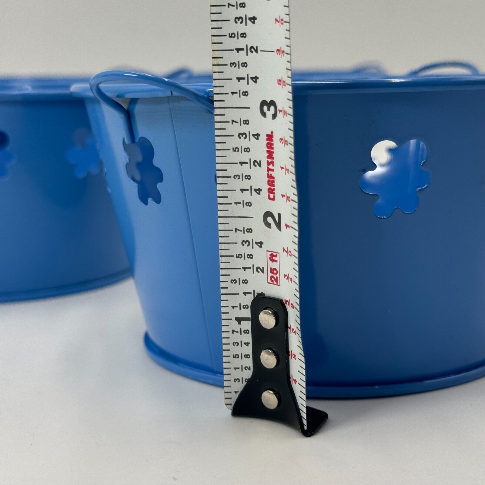 Set of 4 Matching Flower Pattern Pit Tin Blue Mini Bucket with Handles