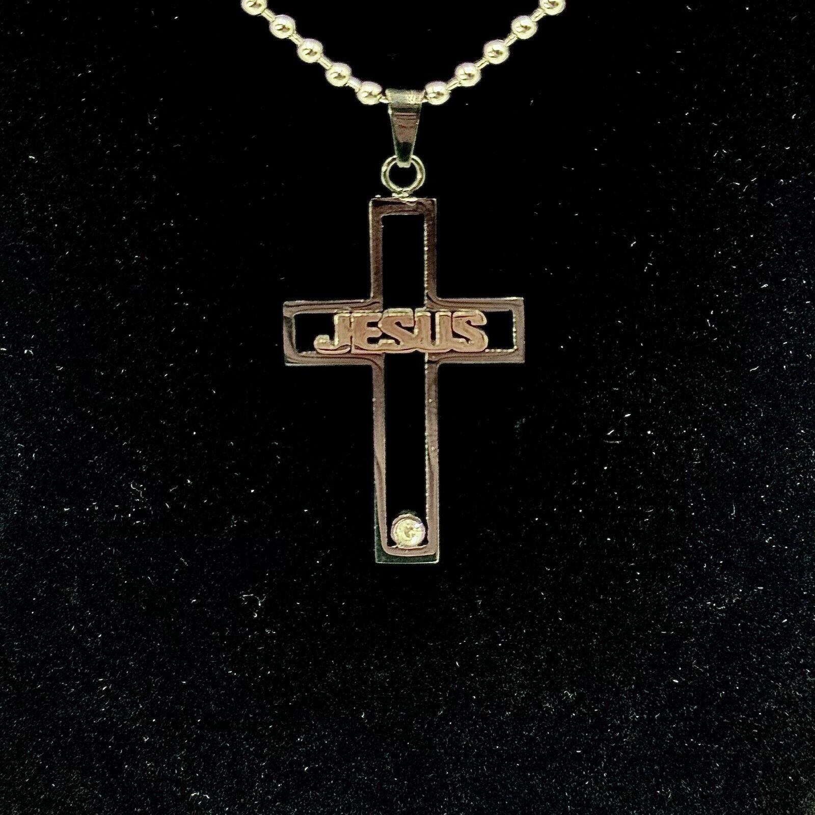 2 Jesus Cut Out Cross Black & Silver Pendant Diamond Gem 22" Chain Christian NEW