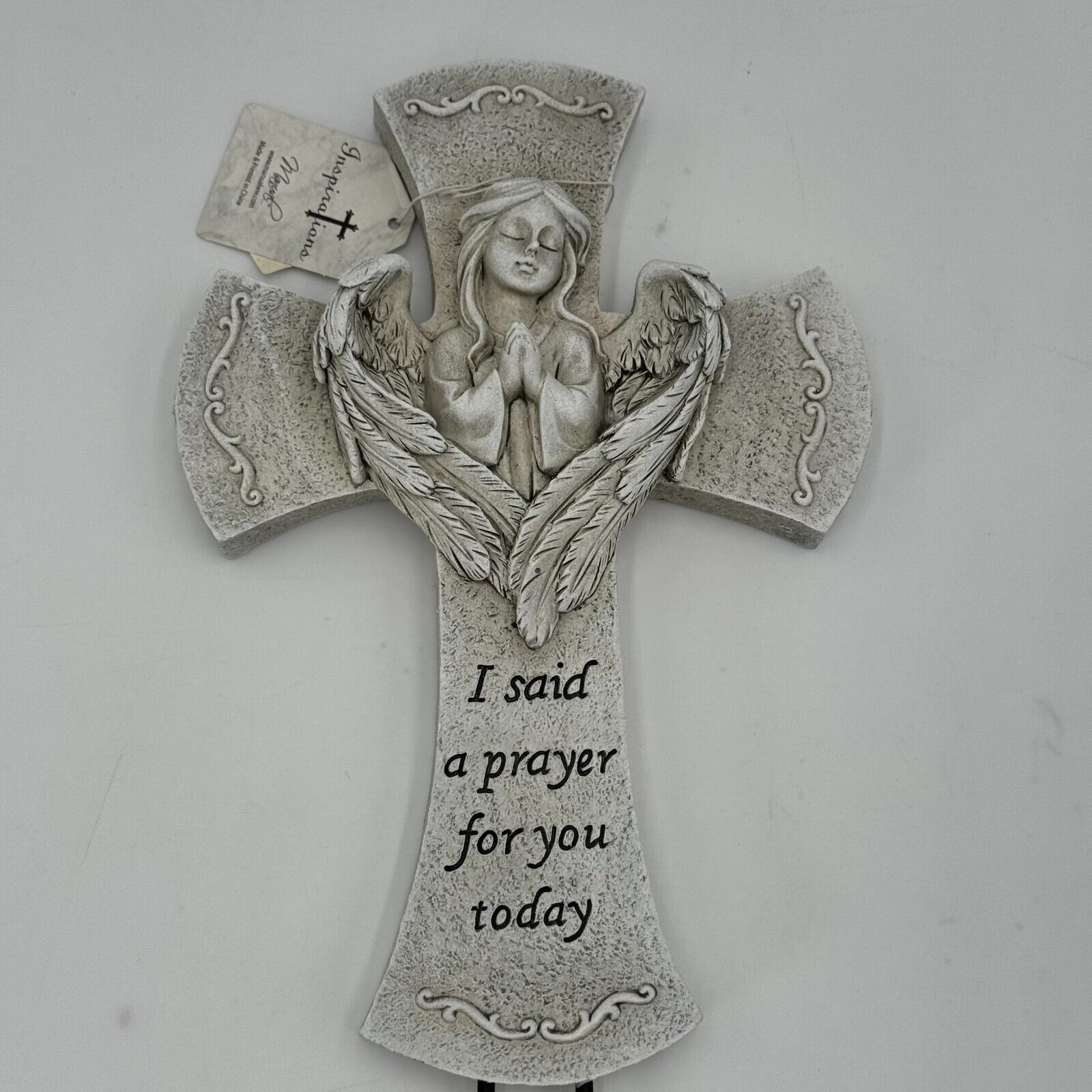 Angelic 10in Cross Gray Black Prayer Carved Angel 3in Metal Stakes Art Decor