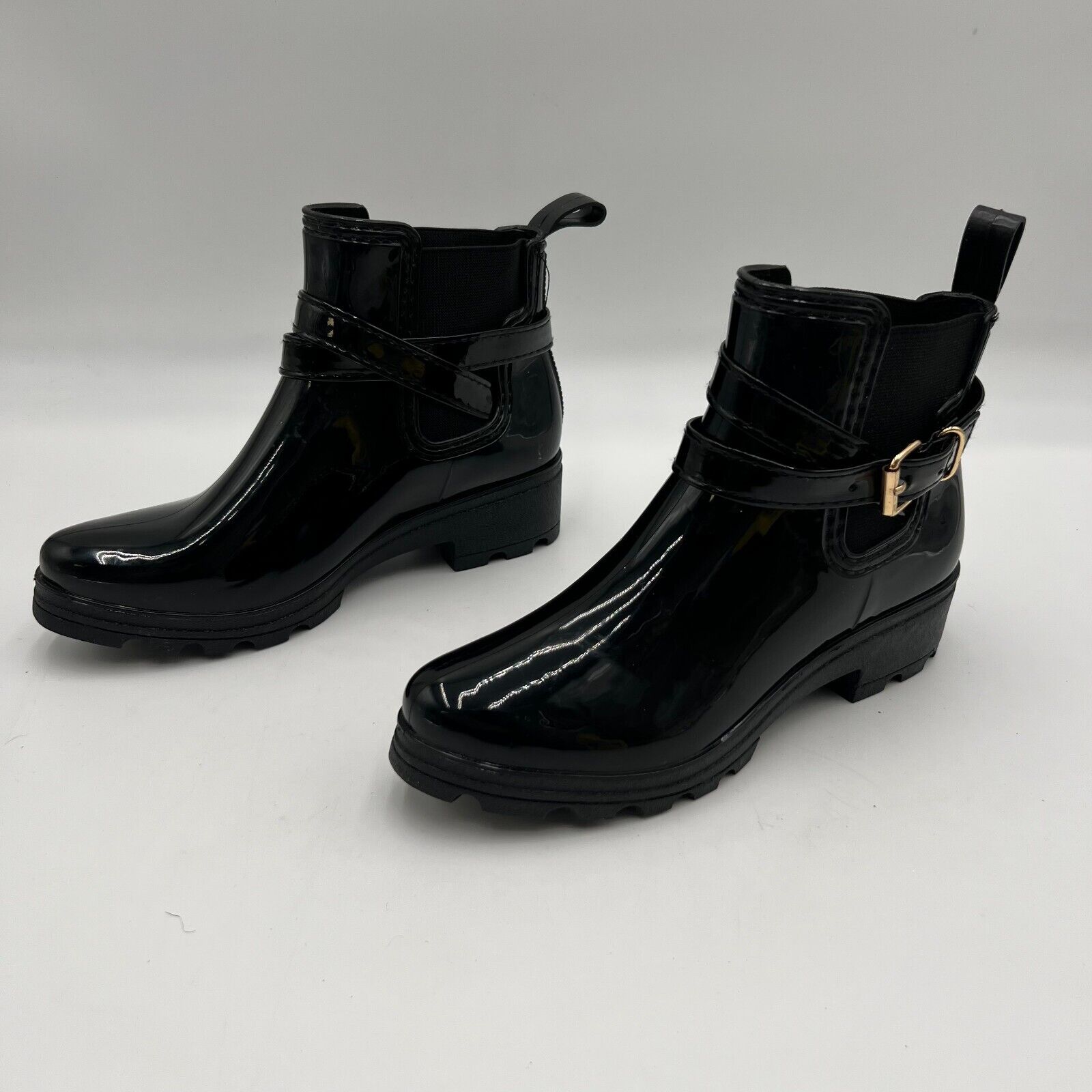 Women’s Non-Slip Black Platform Style Ankle Rain Boots Buckle Trendy Size 8/XL