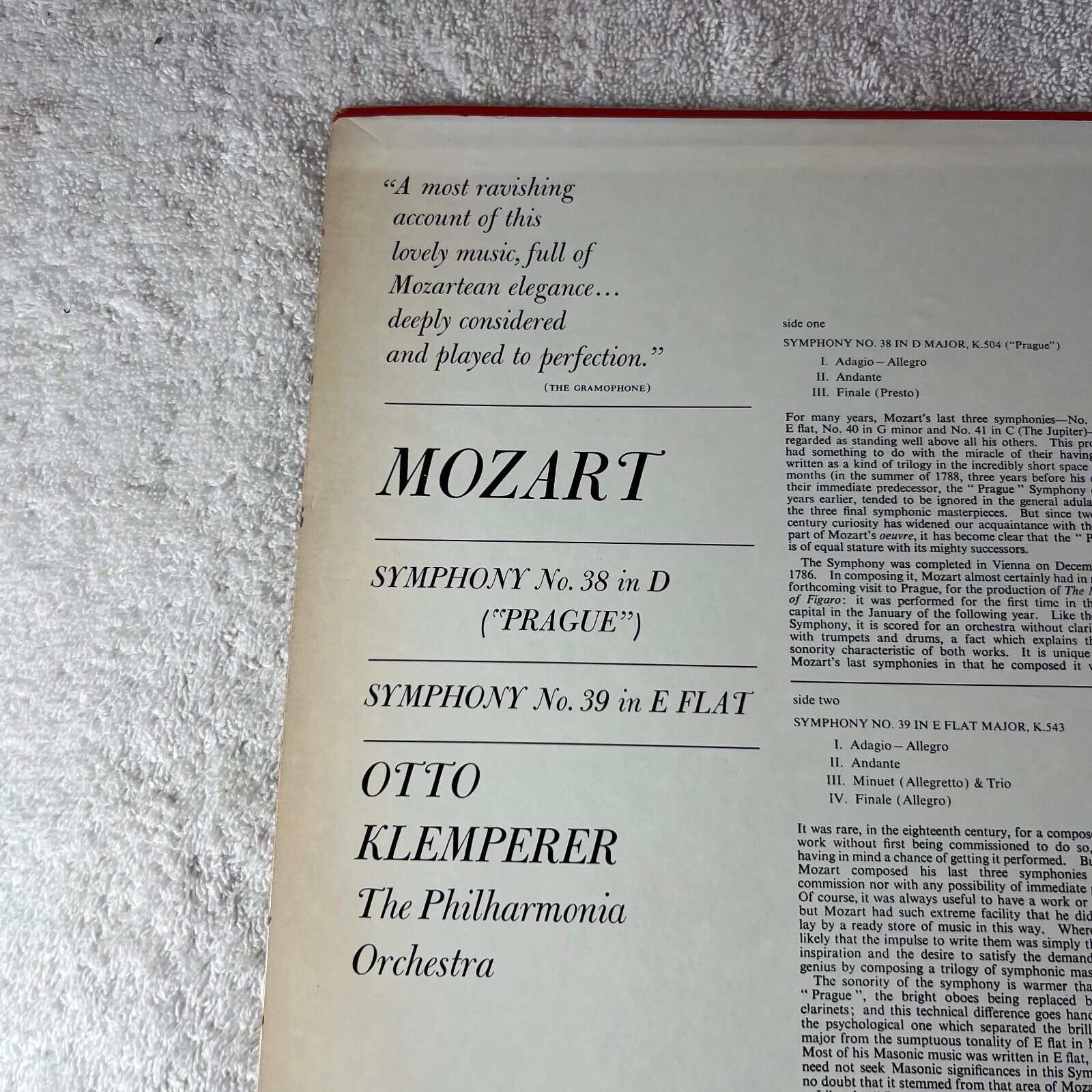 MOZART – Symphonies No. 38 In D, "Prague" / No. 39 In E Flat Vinyl LP US 1965