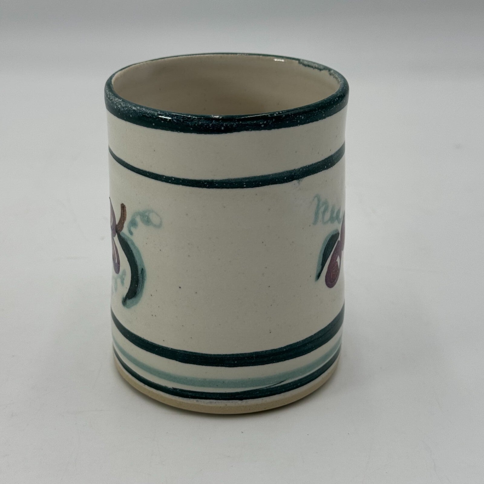 Unique Ceramic Jar With Butter Bell Lid Painted Green Stripes & Red Grapes RARE