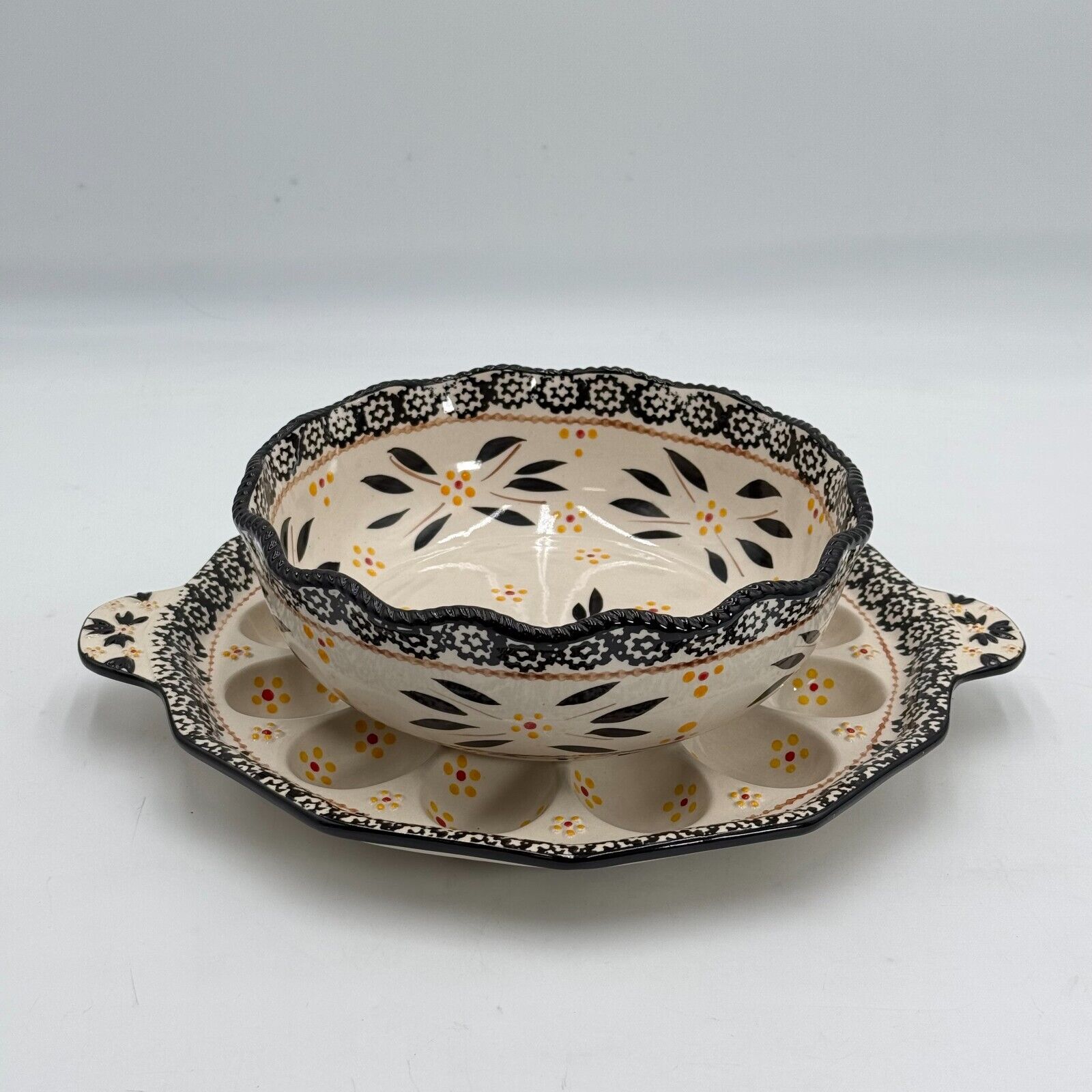 Temptations By Tara Hand Painted Ceramic Elegant Floral Bowl With Egg Platter