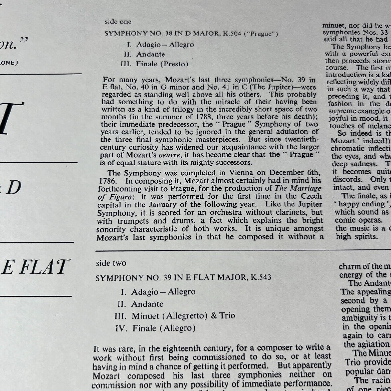 MOZART – Symphonies No. 38 In D, "Prague" / No. 39 In E Flat Vinyl LP US 1965