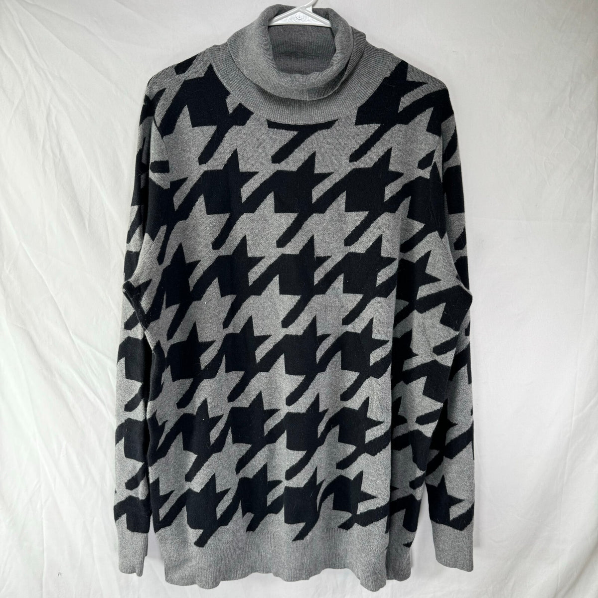 Ann Taylor Factory Womens Gray Cuffed Houndstooth Turtleneck Sweater Size XL