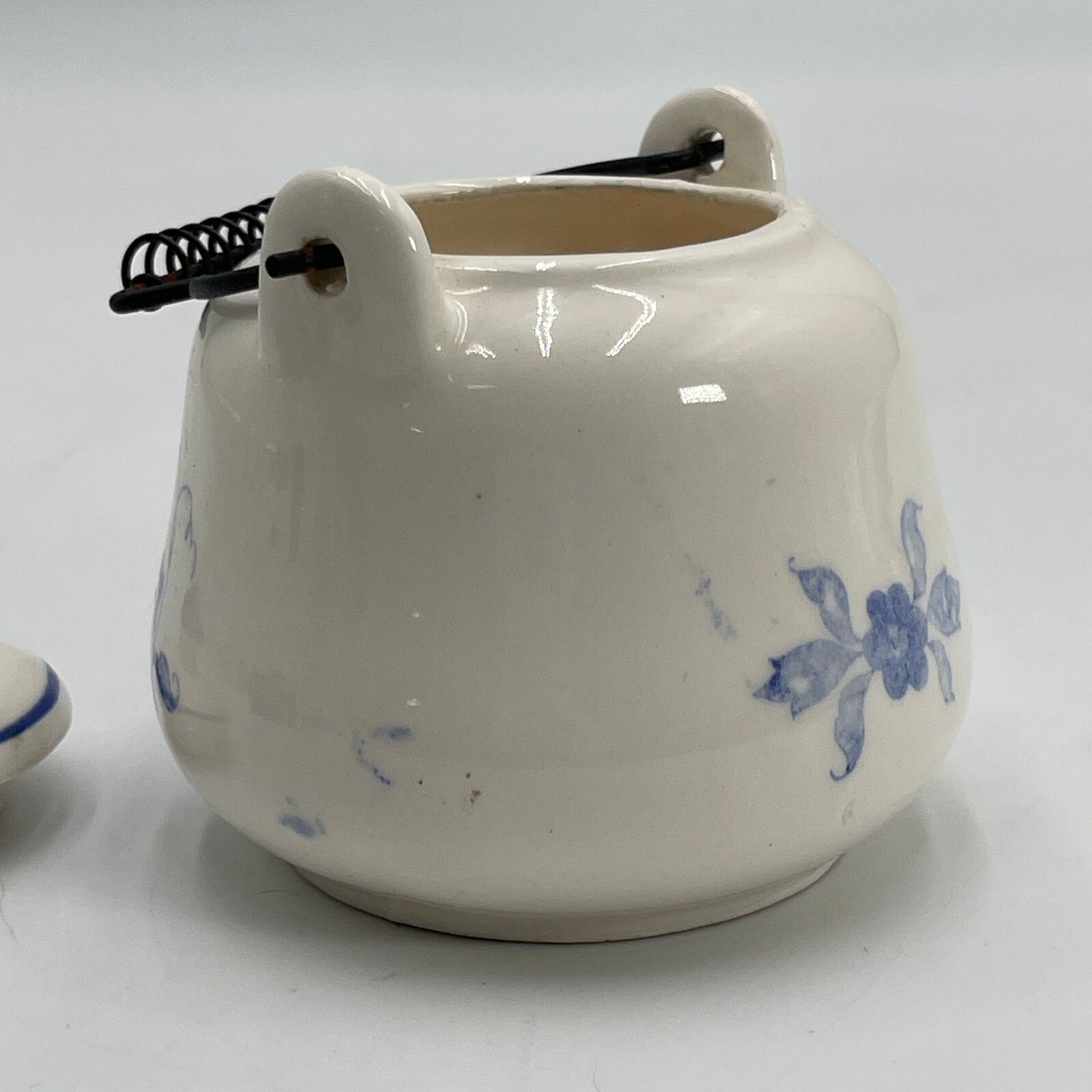 Vintage 1950's Delft Blue Teapot 3" Sugar 2 Piece Metal Handles Japan
