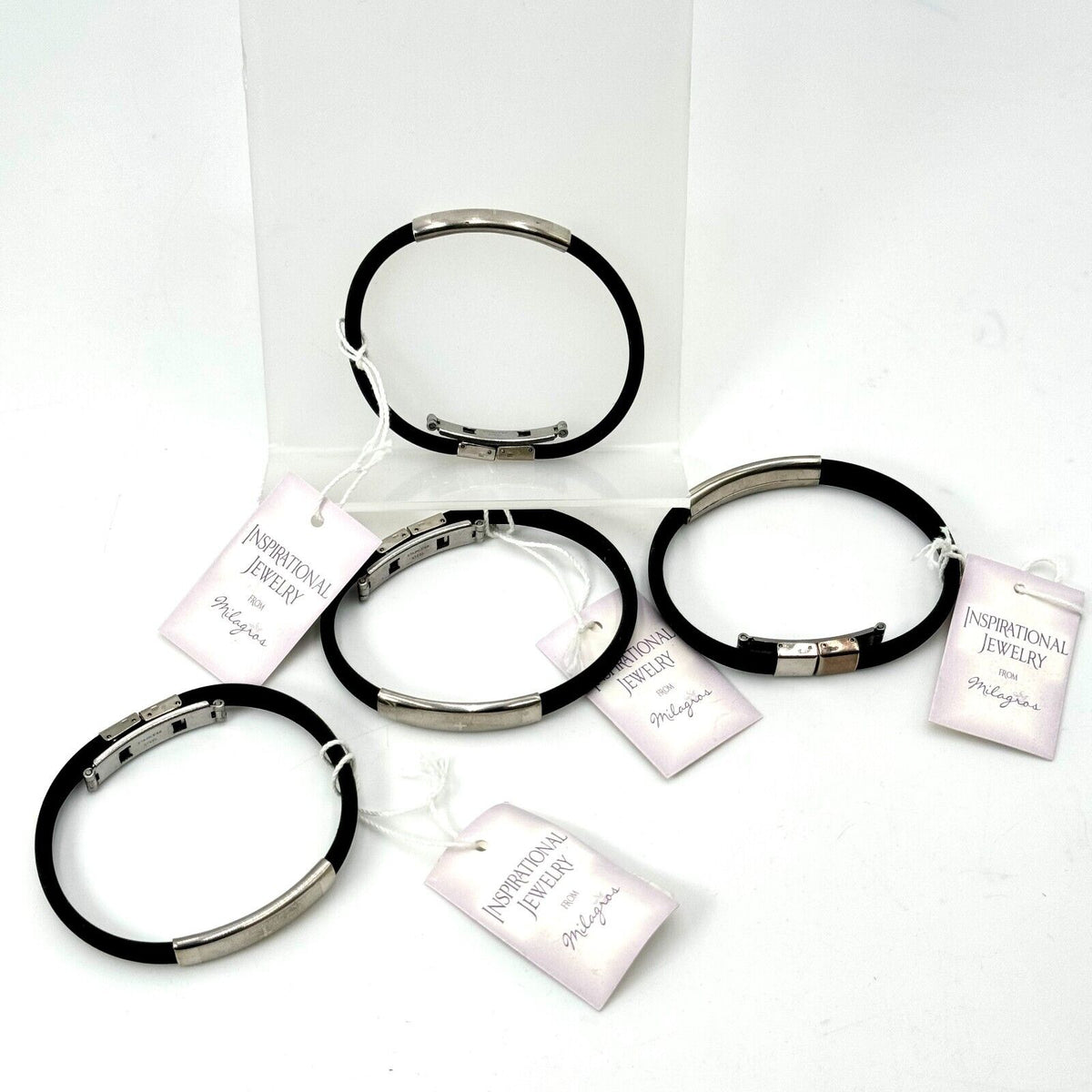 4pk Milagros Insperational Jewelry Black Rubber Stainless Steel Bracelet NWT