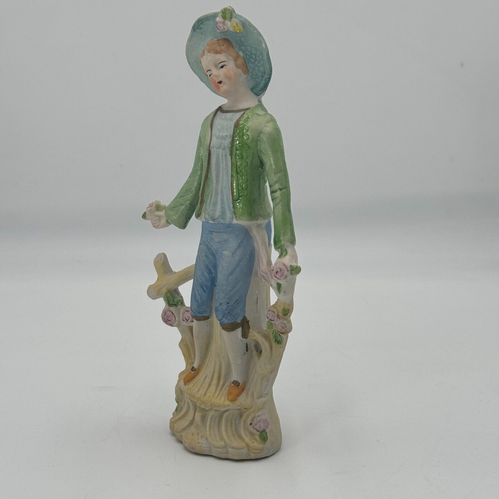 Vintage Occupied Japan Pastoral Fence Roses Hand Painted Bisque Andrea Figurine