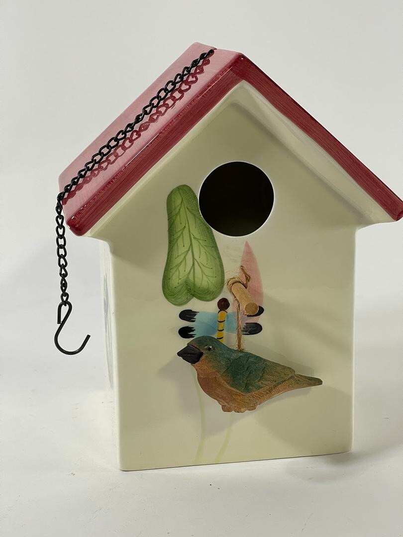 Hand-Painted Beautiful 9x7 in Ceramic Bird Feeder with Hanging Chain