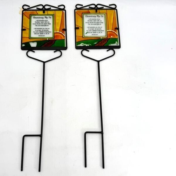 2pk 22in Metal Black Yard Stake Stained Glass Sign Remembering My Pet Memorial N