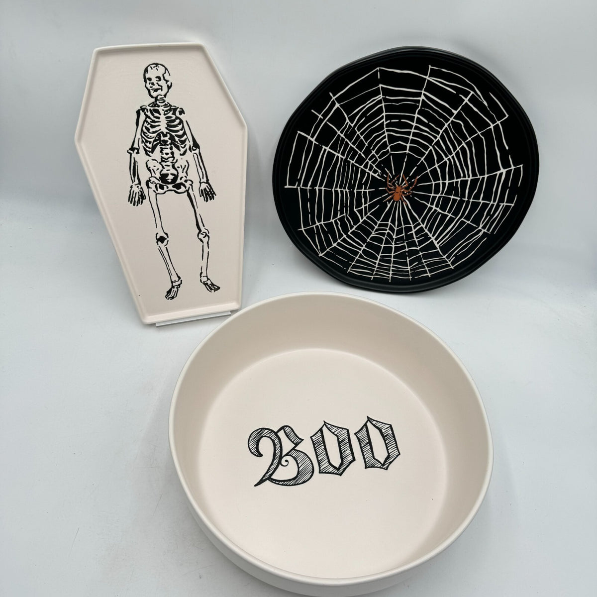 Threshold Lot of 3 Halloween-Themed Design Serving Platter Stoneware Boo Coffin
