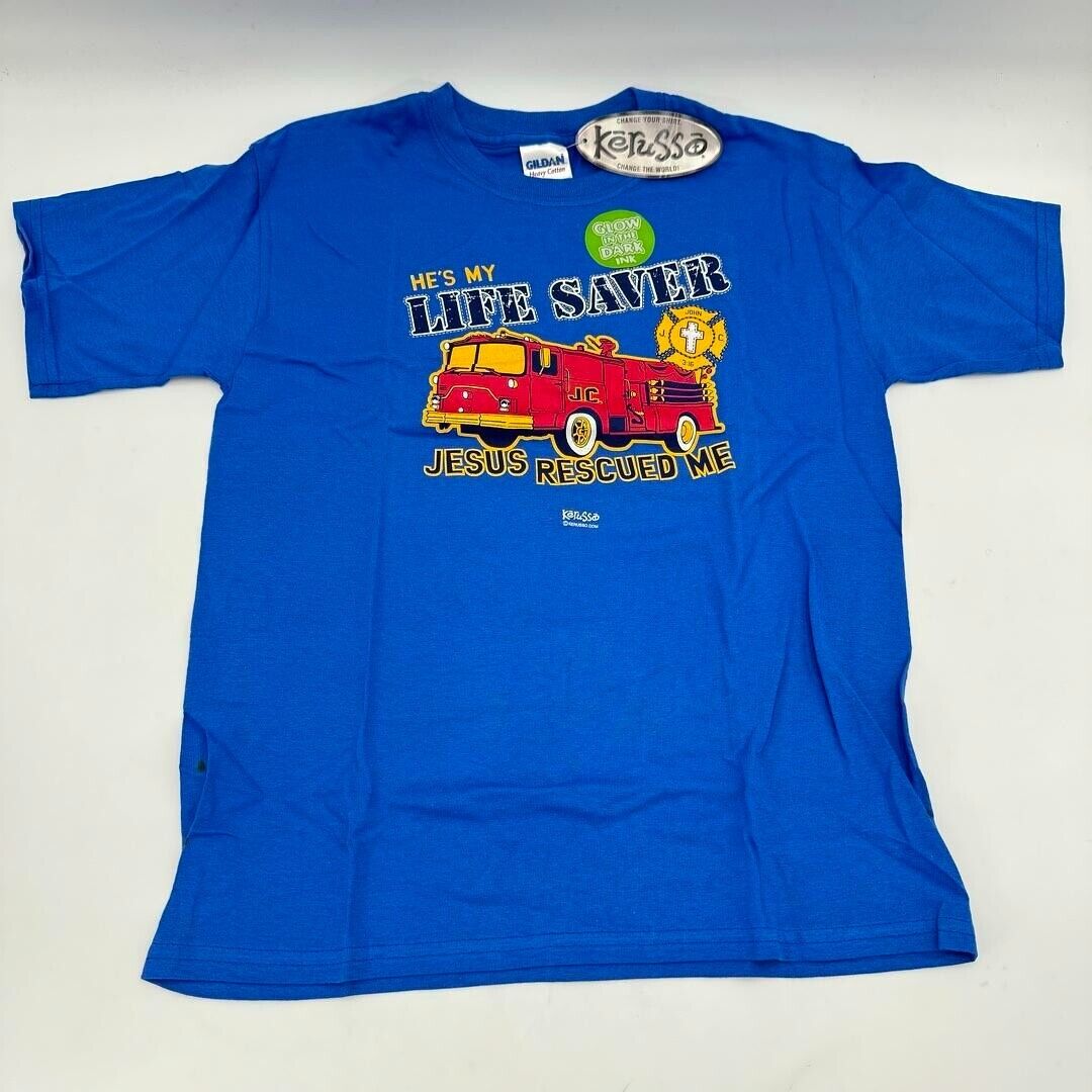 Large Youth Kerusso Blue Red Jesus Glow in the Dark John 3,16 T-Shirt NWT