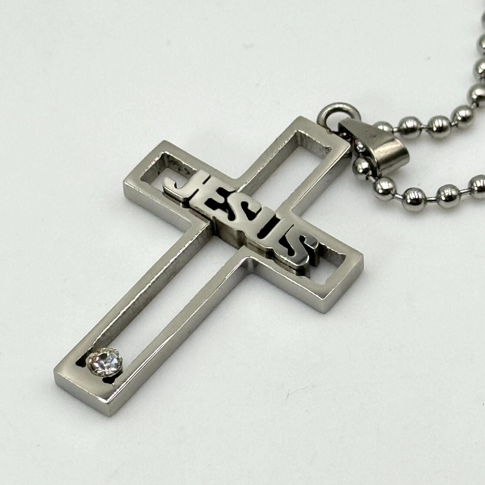 2 Jesus Cut Out Cross Black & Silver Pendant Diamond Gem 22" Chain Christian NEW