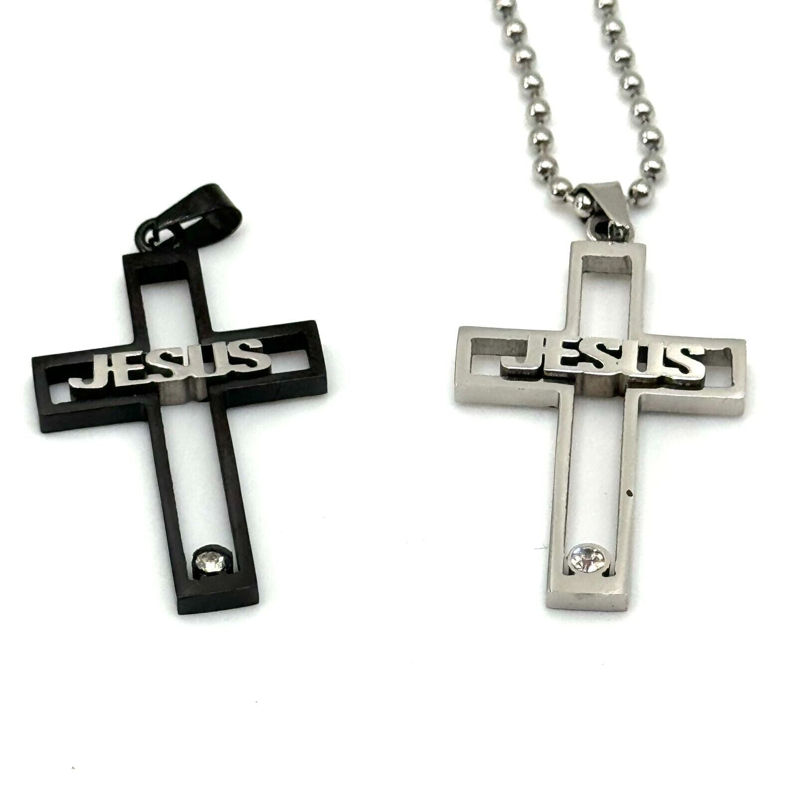2 Jesus Cut Out Cross Black & Silver Pendant Diamond Gem 22" Chain Christian NEW
