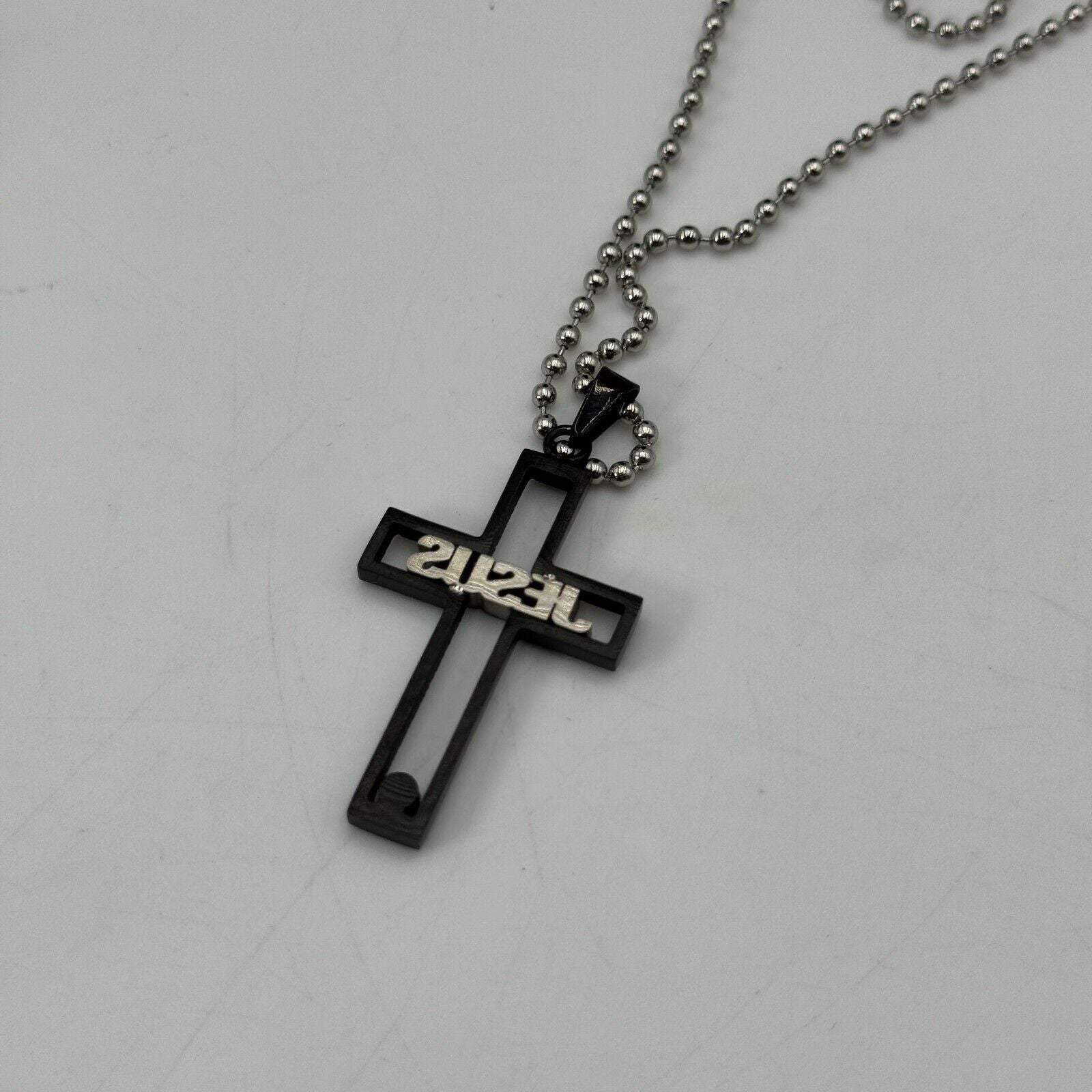 2 Jesus Cut Out Cross Black & Silver Pendant Diamond Gem 22" Chain Christian NEW
