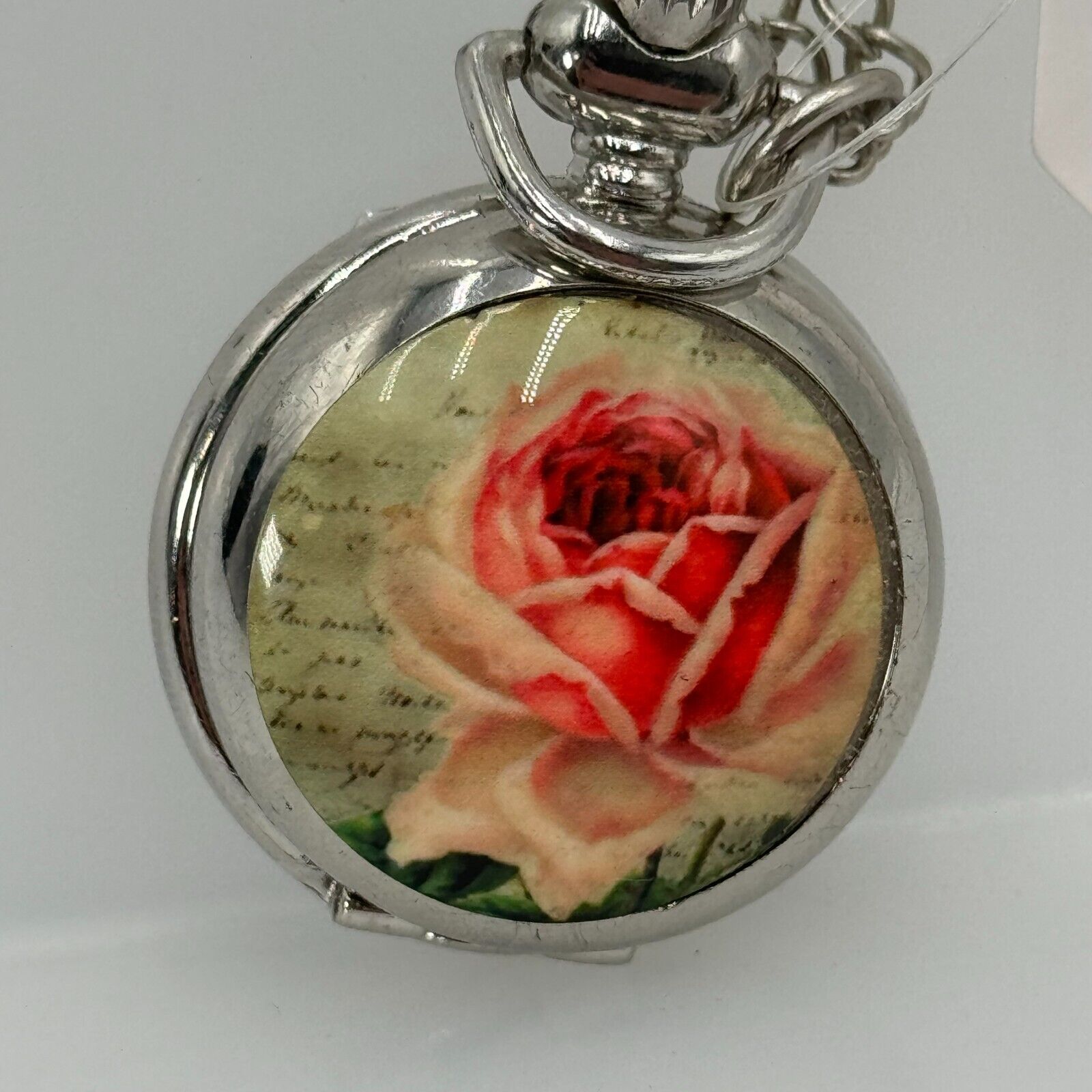 Isabellas Journey Silver Pocket Watch Necklace 28in Adjustable Chain Rose Christ