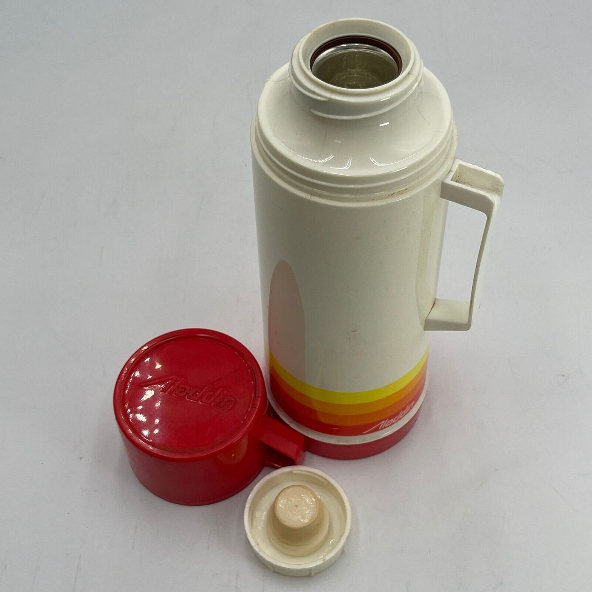 Vtg Aladdin Thermos 223 Red Sunburst Orange Yellow Beige Pint 1980's Made USA