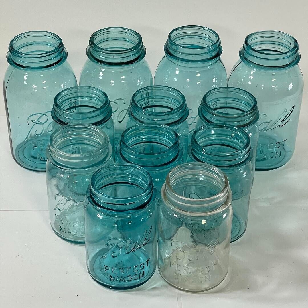 Assorted Lot of 12 Ball Perfect Mason Jars No Lids (Clear & Aqua)