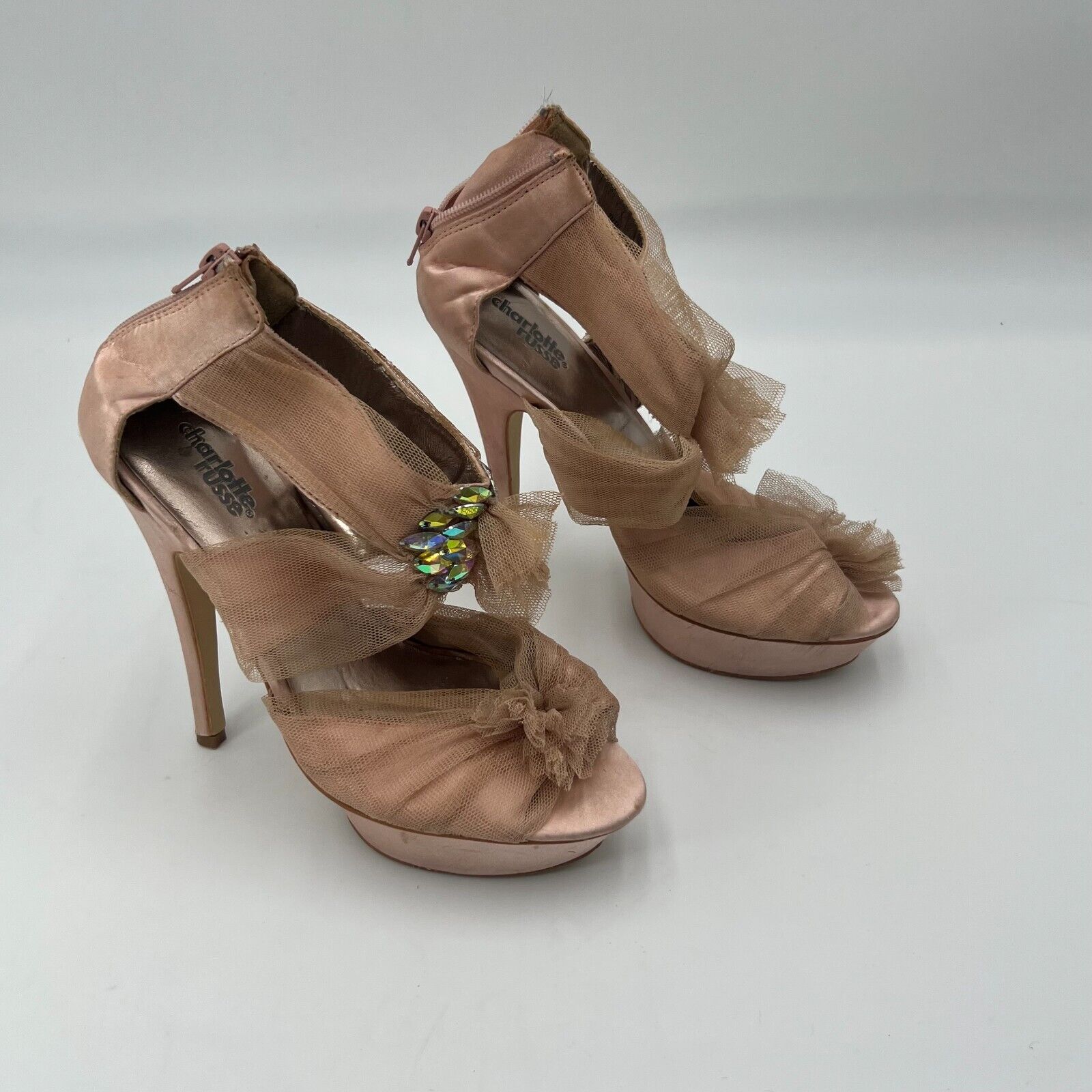 Charlotte Russe Tutu Stiletto Peep Toe Pink Mesh Platform Bow Lace Accent Size 8