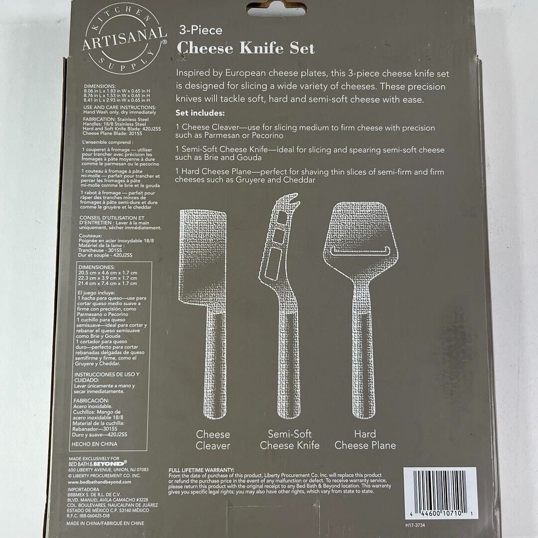 ARTISANAL Kitchen Supply 3-PIECE CHEESE KNIFE SET - BRAND NEW IN BOX