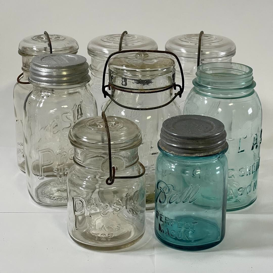 Vintage Lot of 8  Assorted Brands & Glass Mason Jars Decor Storage Organizer