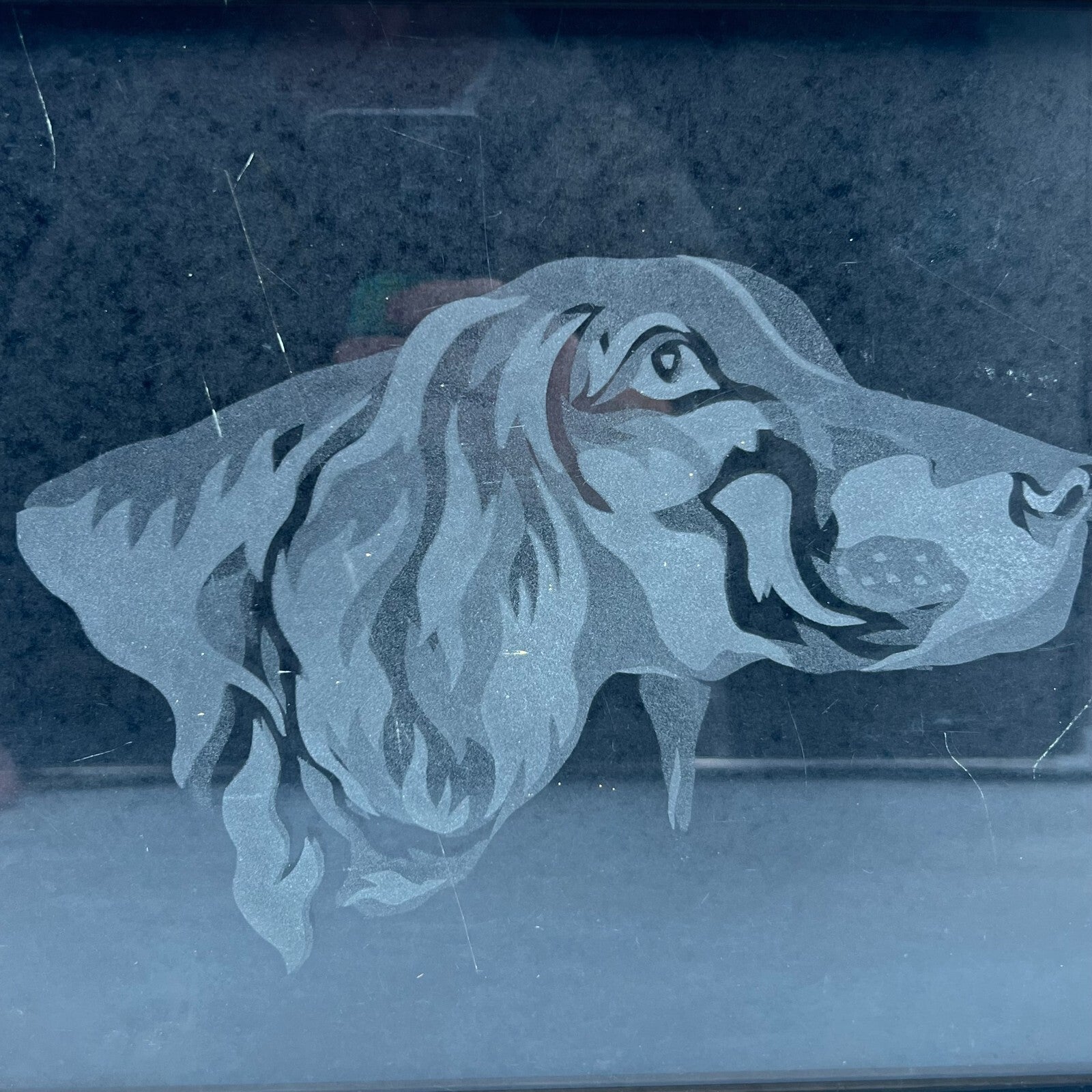 Elegant Wood Framed White Dog Etching on Black Matte 11x14 Art With Glass Cover