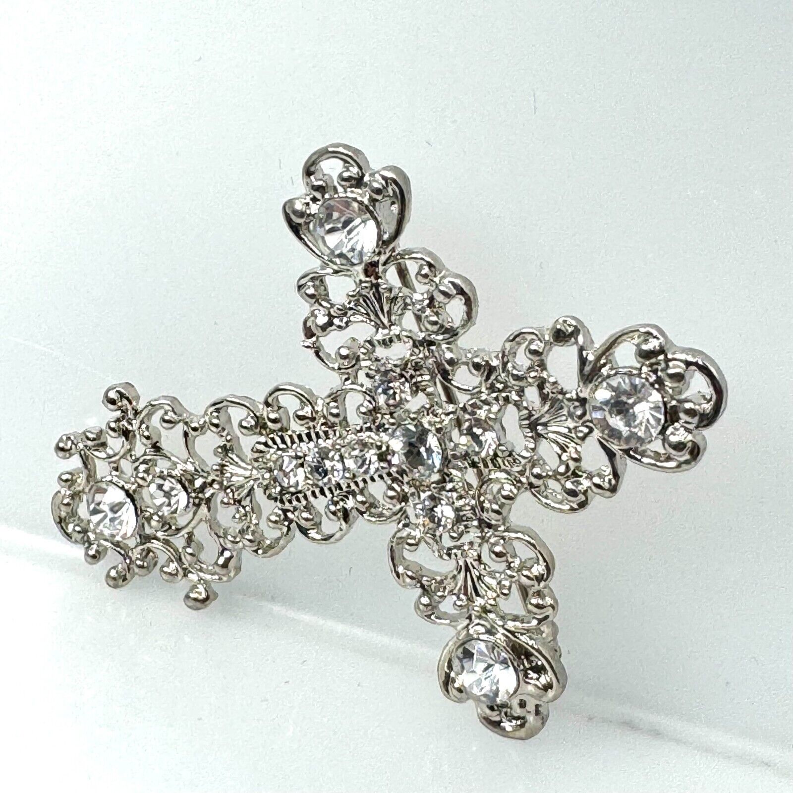 Catholic Christian Cross Crucifix  Italian Crystal Inlaid Silver Brooch Pin New