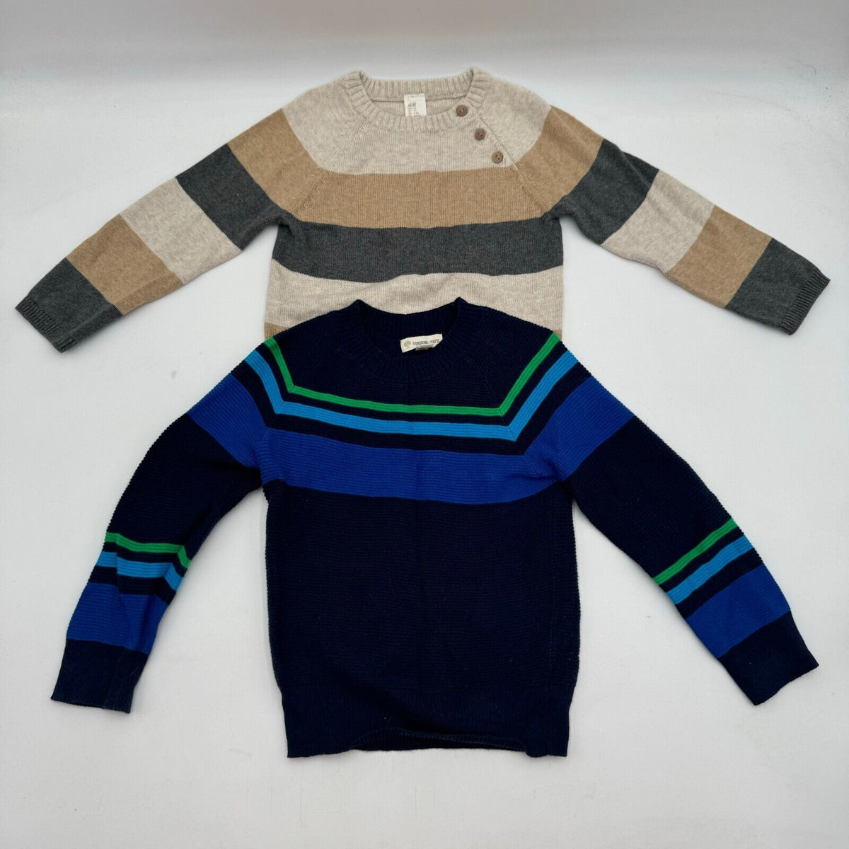 2 Long Sleeve Sweaters H&M Brown Tan Stripes Tucker Blue Green Toddler Size 3T