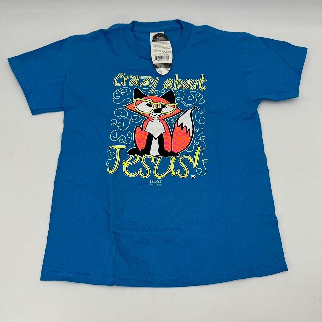 Kerusso Kids Medium Crewneck Blue Printed Fox & Crazy About Jesus T-Shirt NWT