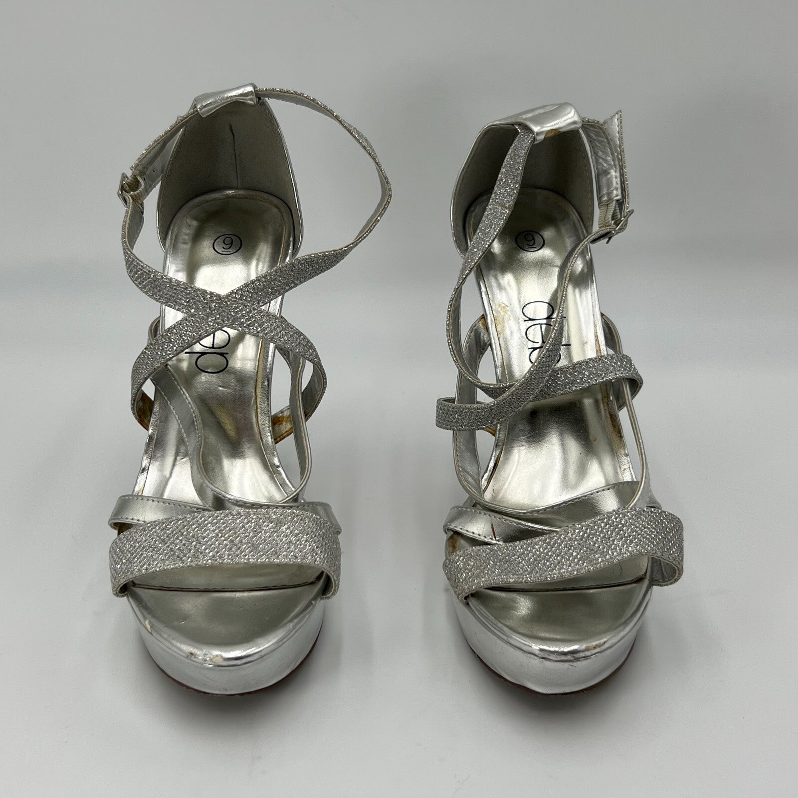 Deb Silver Glittering Jewels Adjustable Buckle Stilleto Peep Toe High Heels Sz 9