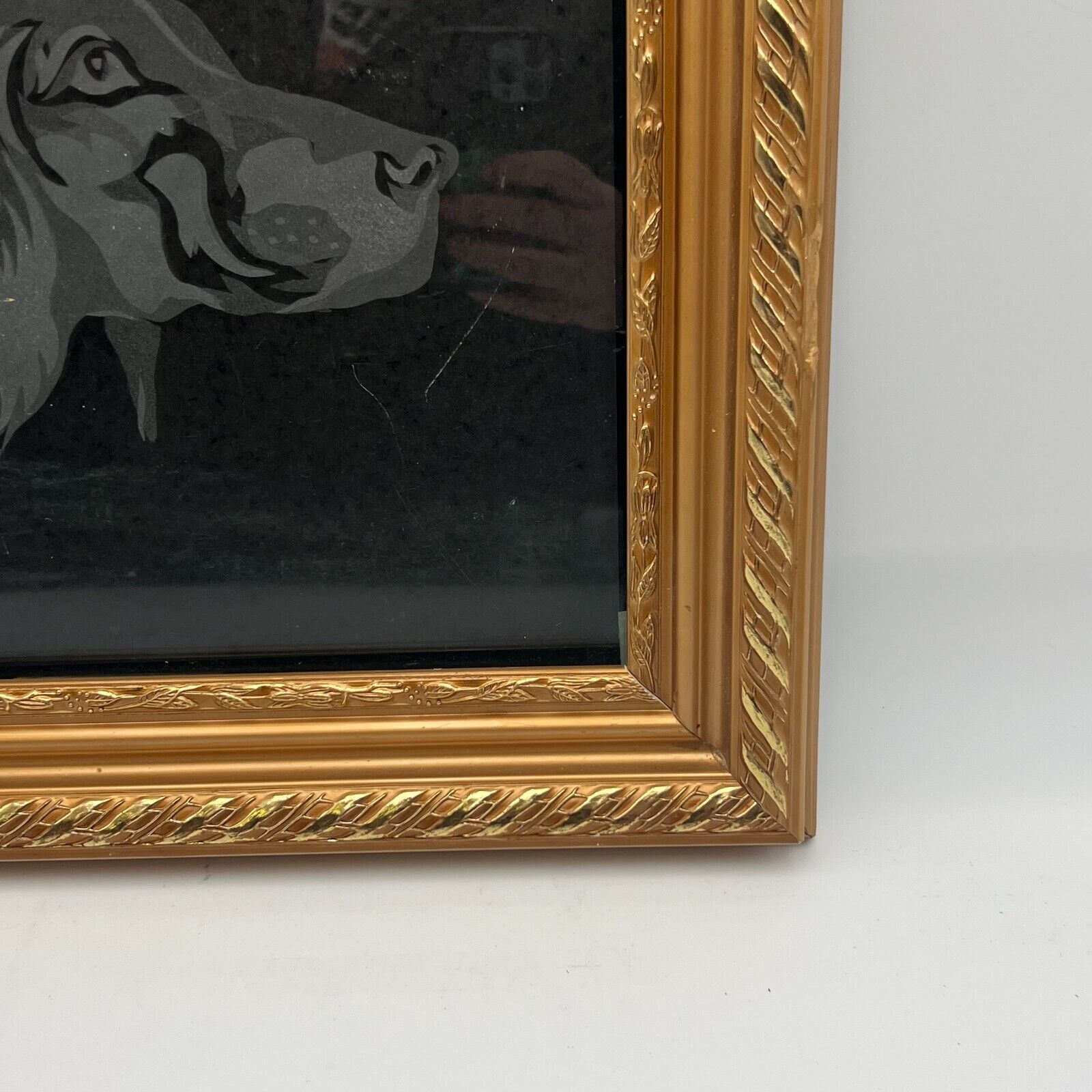 Elegant Wood Framed White Dog Etching on Black Matte 11x14 Art With Glass Cover