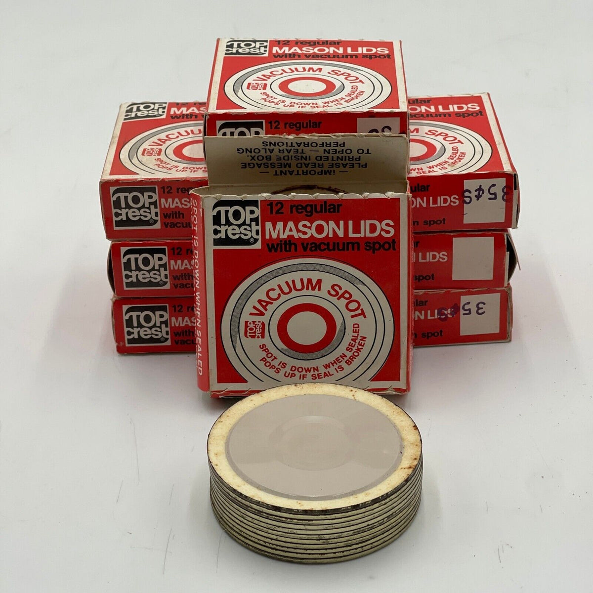 Lot of 8 Boxes - Vintage Top Crest Regular Mason Lids with Vacuum Spot 12pk NIB