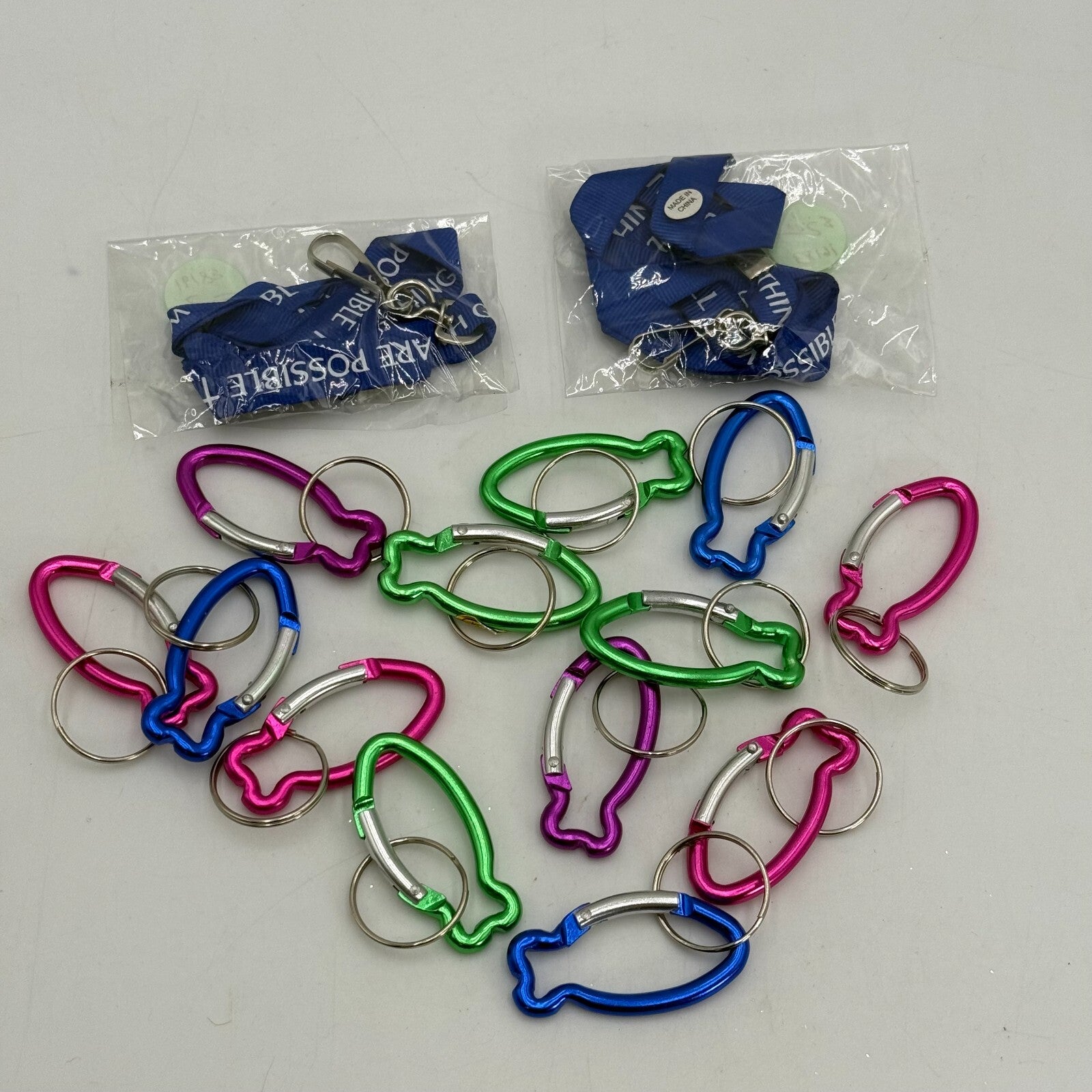 15pc Key Chains Lanyards Fish Shaped Carabiners Pink Purple Green Blue New