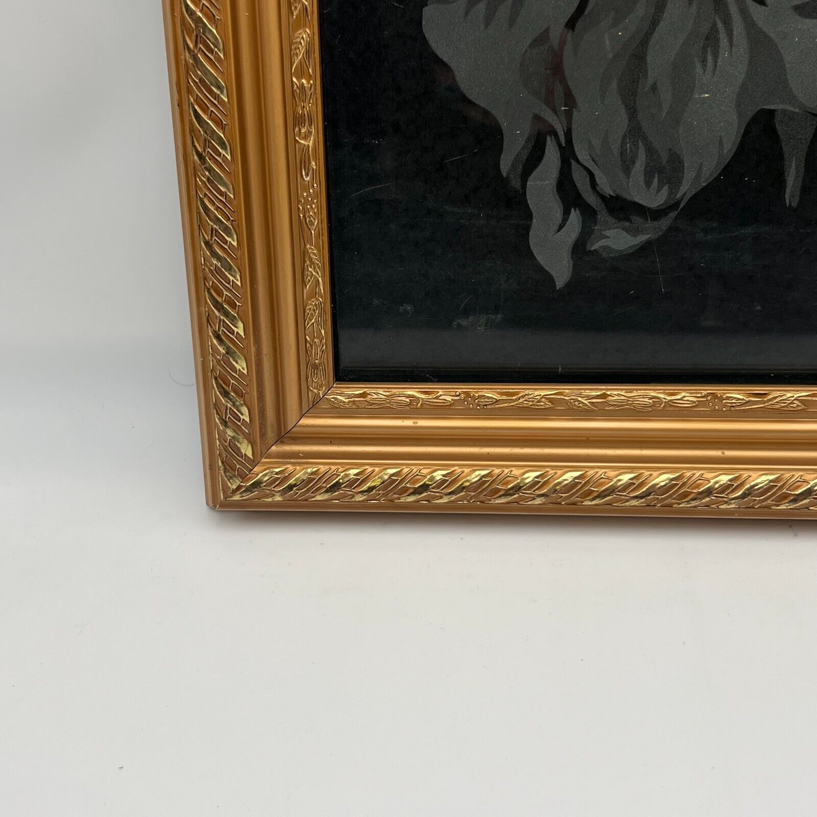 Elegant Wood Framed White Dog Etching on Black Matte 11x14 Art With Glass Cover