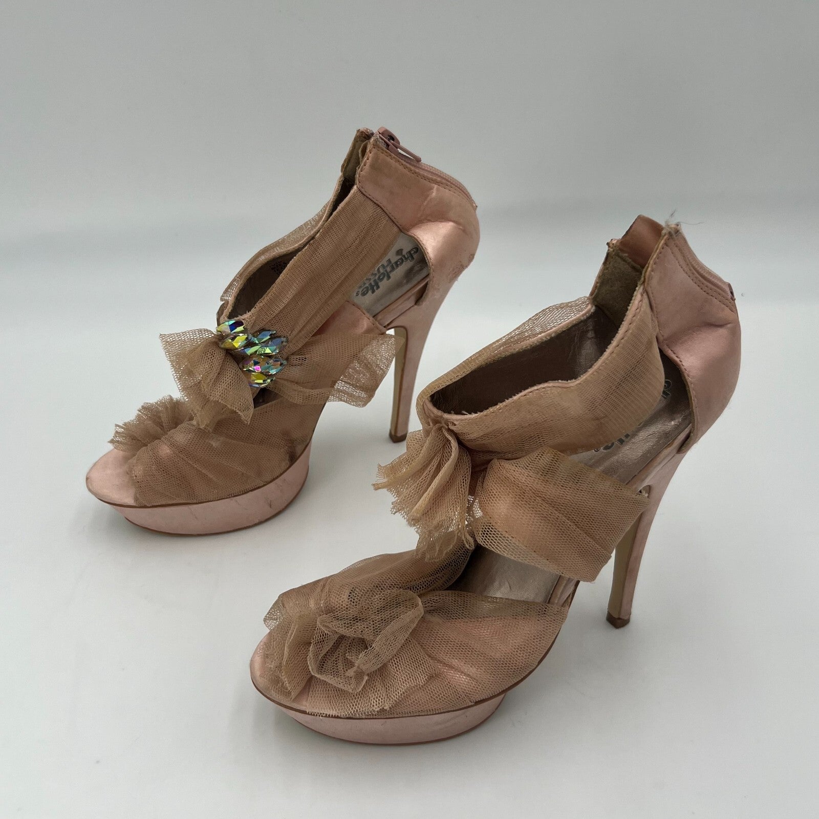 Charlotte Russe Tutu Stiletto Peep Toe Pink Mesh Platform Bow Lace Accent Size 8