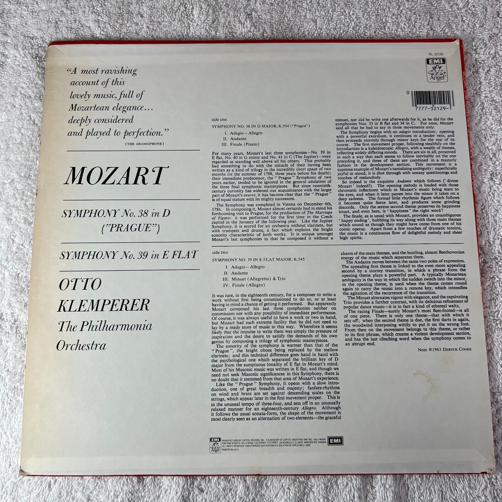 MOZART – Symphonies No. 38 In D, "Prague" / No. 39 In E Flat Vinyl LP US 1965