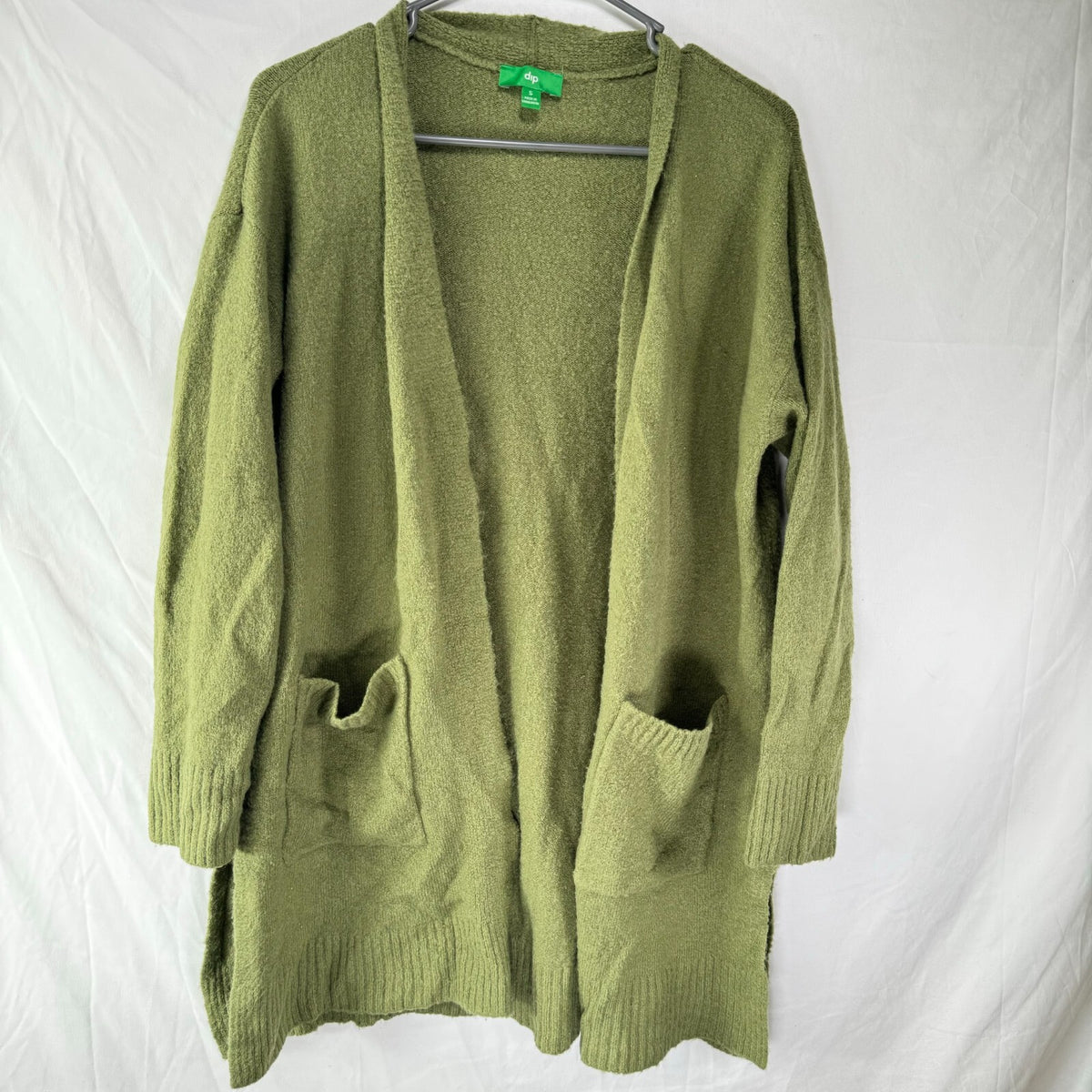 Olive Green Knit Cardigan Open Sweater Pockets Long Split Sides Womens Size S