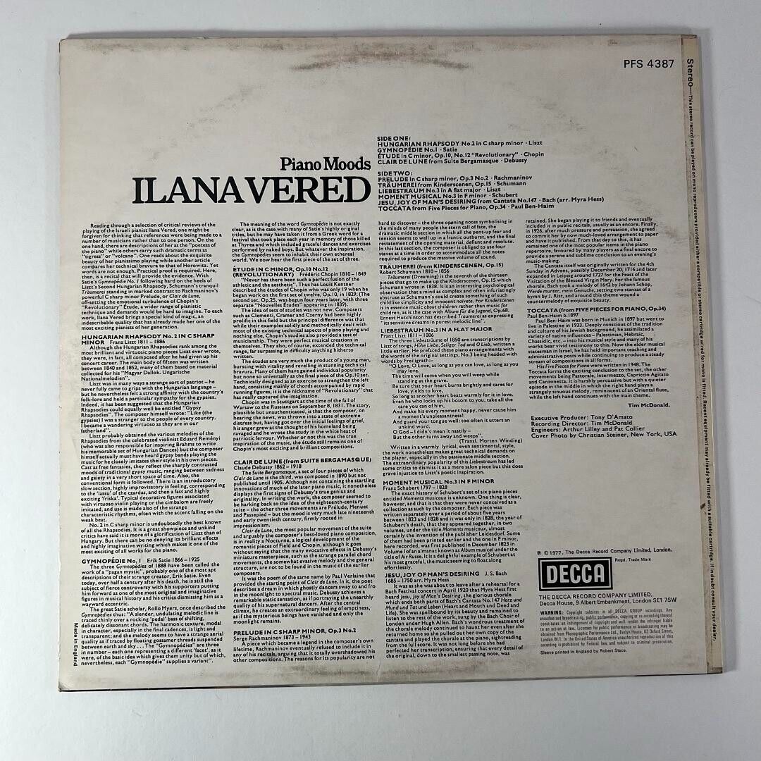 Ilana Vered – Piano Moods Phase 4 Stereo Concert Series Vinyl LP Decca PFSI 4387