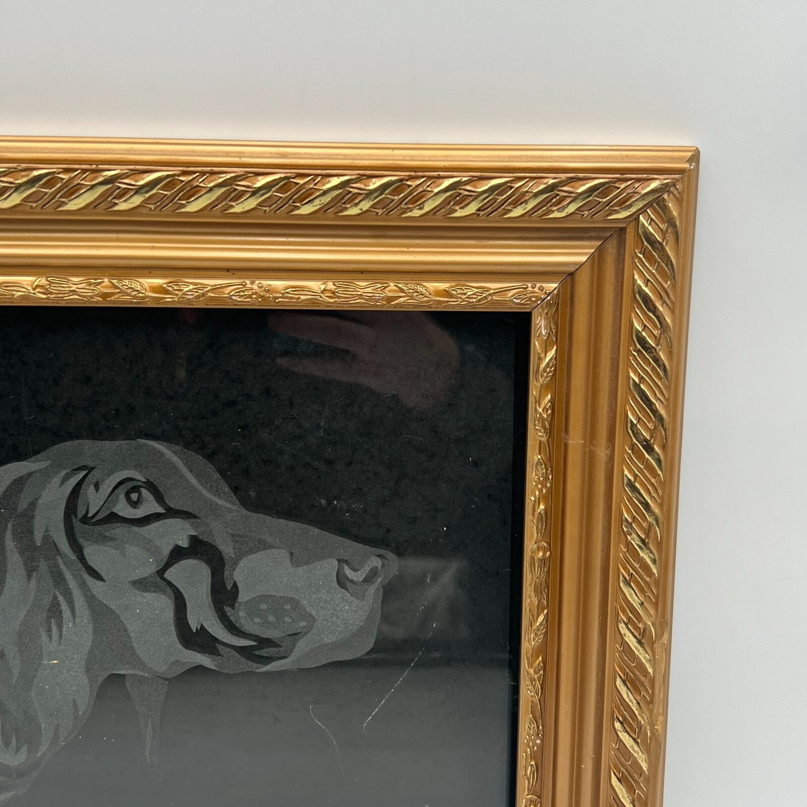 Elegant Wood Framed White Dog Etching on Black Matte 11x14 Art With Glass Cover