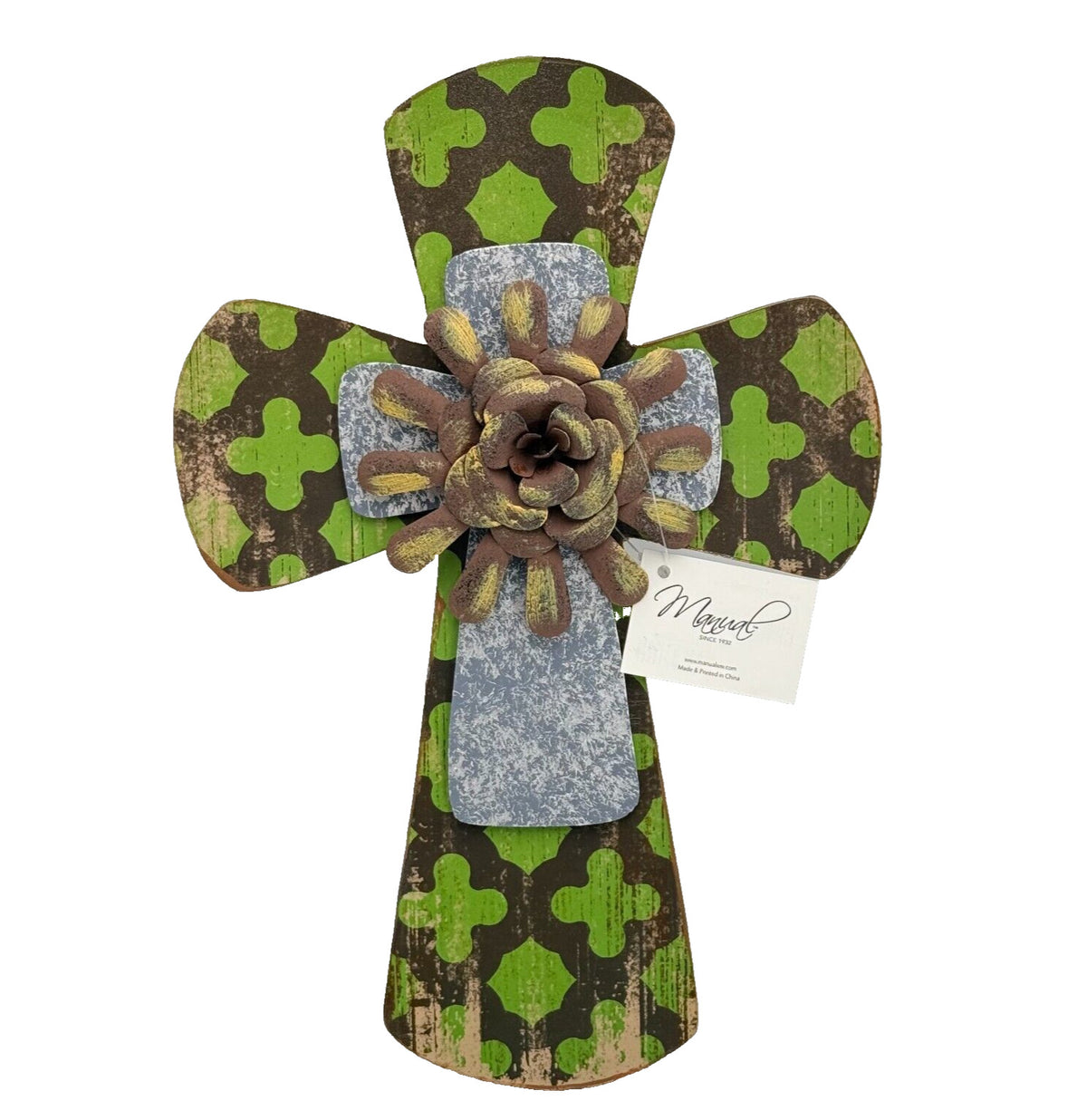Rustic Wooden Hanging Wall Mount 11.5in  Brown & Olive Green Pattern Cross NWT