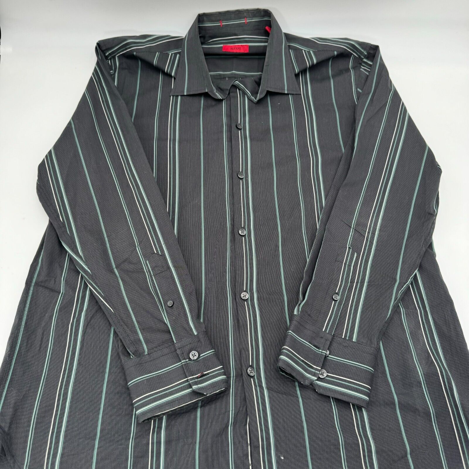 Alfani Gray Mens Classic Long Sleeve Button Up Shirt Green Stripes Size XL