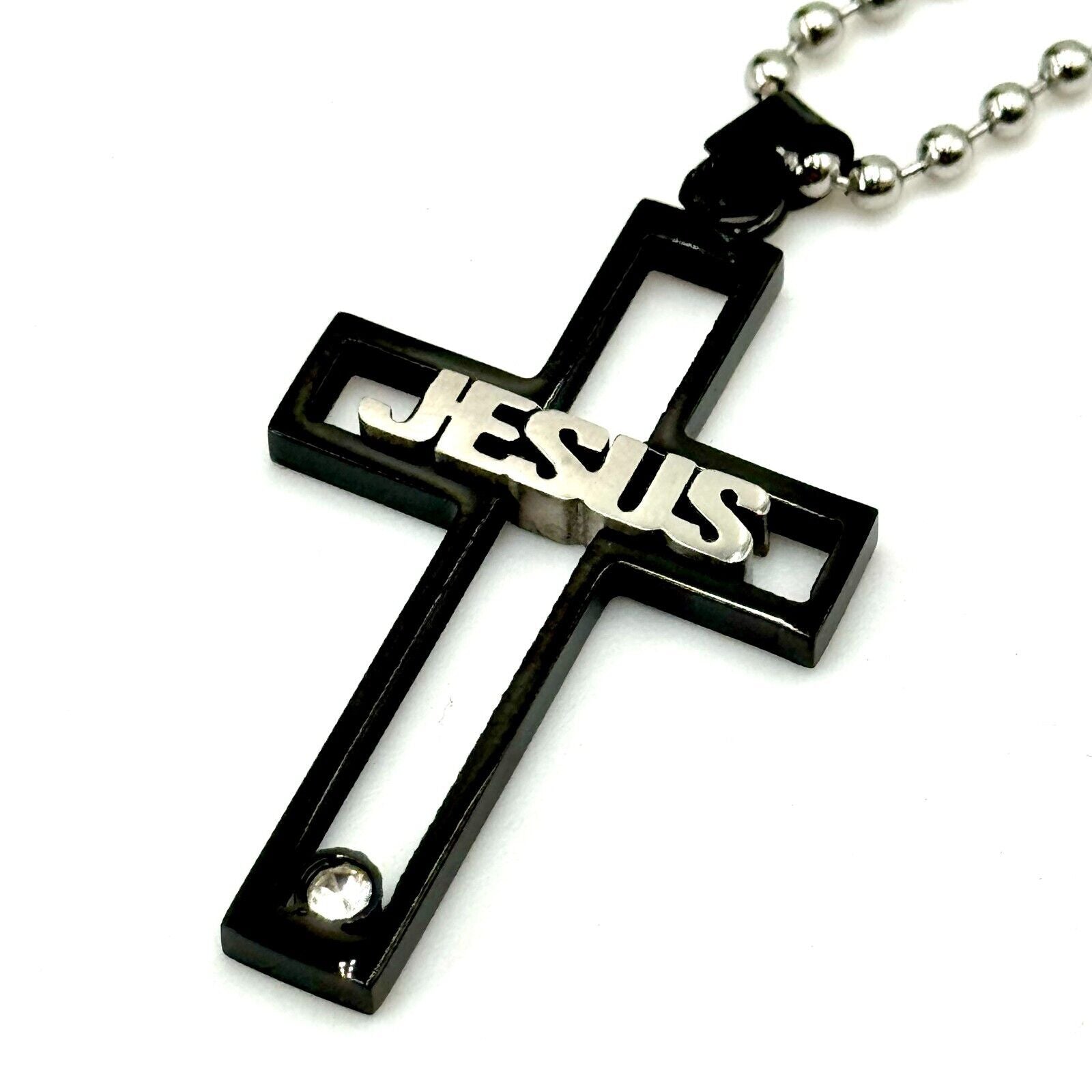 Silver Jesus Black Cut Out Cross Pendant Diamond Gem 22in Chain Christian New