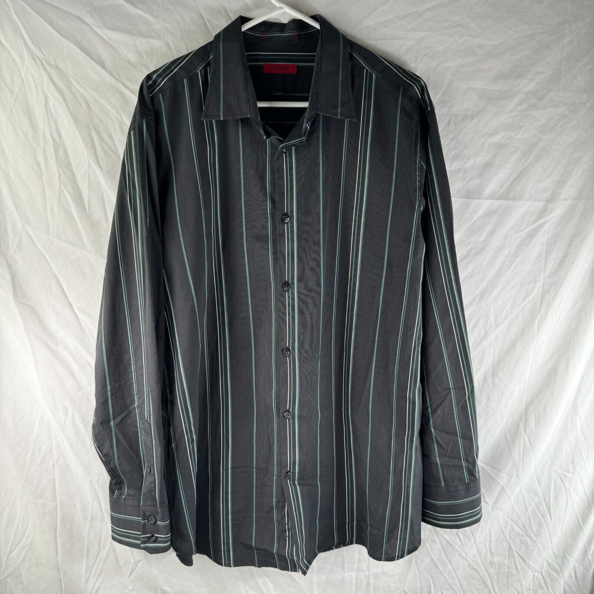 Alfani Gray Mens Classic Long Sleeve Button Up Shirt Green Stripes Size XL